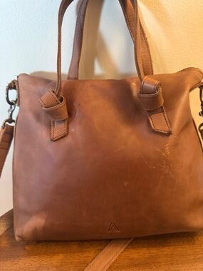 ABLE Leather Tote Bag in Brown - knotted strap. Zipper missing!